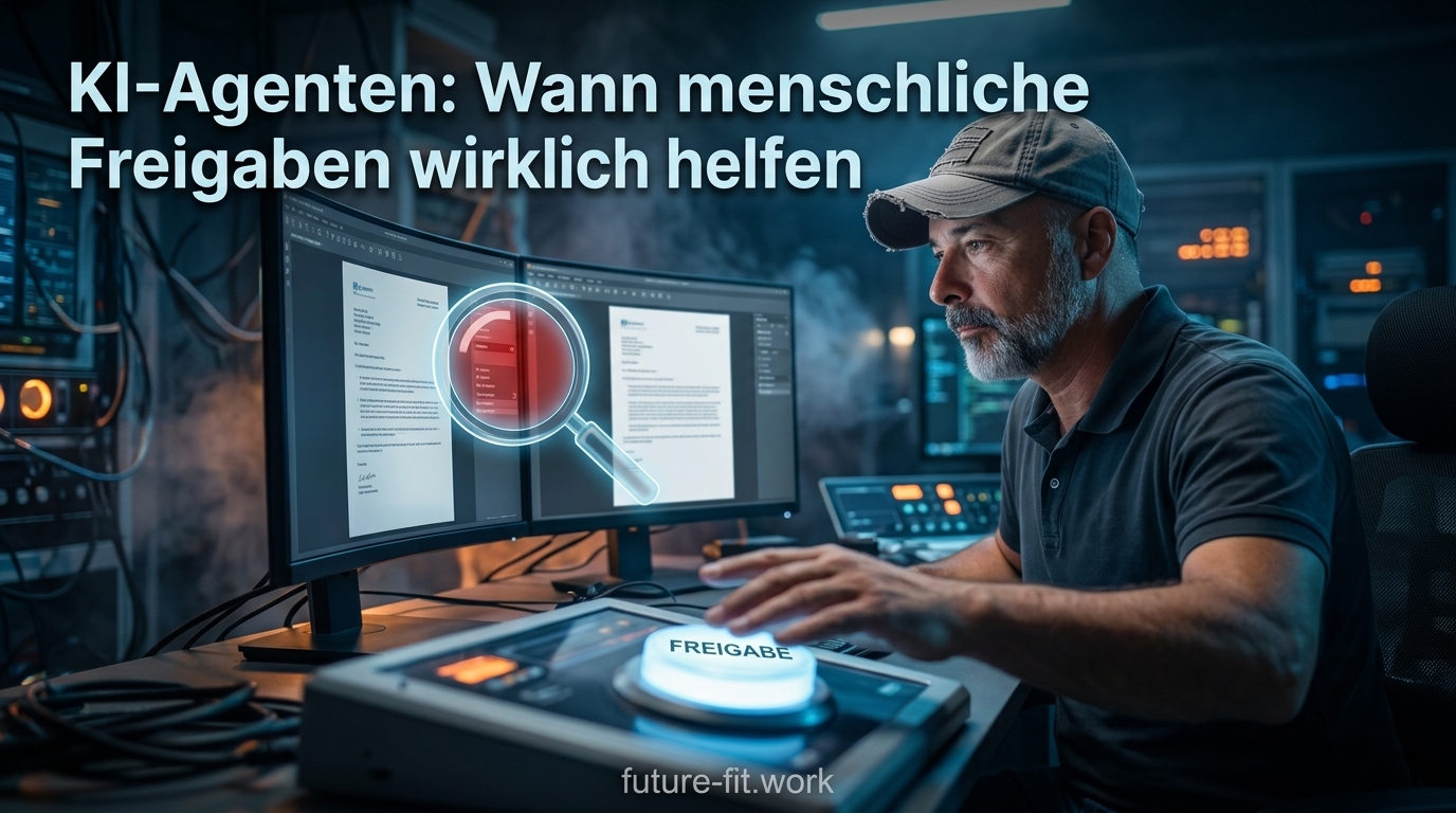 Eine Person prüft vorgeschlagene und tatsächliche Arbeitsergebnisse eines KI-Agenten vor der Freigabe.